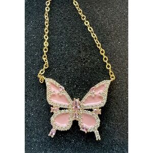 Women's Fashion Jewelry Pink & Crystal Butterfly Pendant Gold Tone Necklace  18"